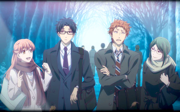 HD desktop wallpaper featuring characters Hanako Koyanagi, Tarou Kabakura, Hirotaka Nifuji, and Narumi Momose from the anime Wotaku ni Koi wa Muzukashii. All are walking together in a serene, wintry setting.