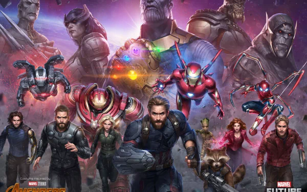 HD desktop wallpaper of Avengers: Infinity War featuring various Marvel superheroes and the villain Thanos in a dynamic and vibrant collage.