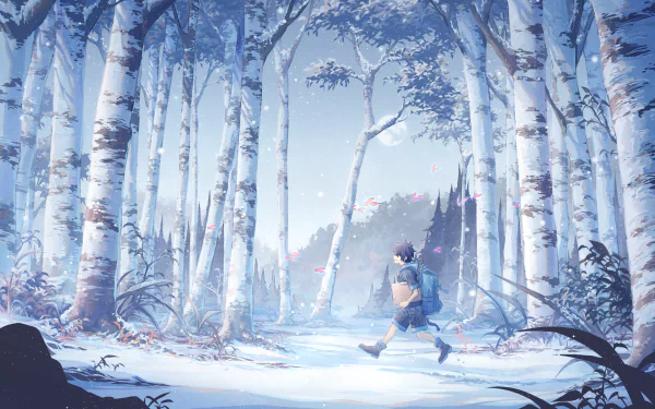 Anime artwork featuring a smiling figure with short black hair, carrying a bag in a snowy forest. The moon shines through tall, white-barked trees. HD desktop wallpaper and background.