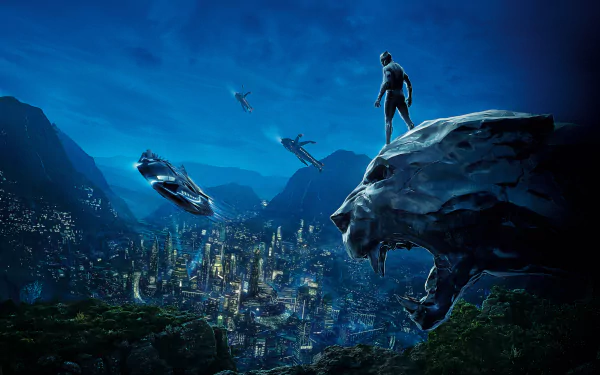 HD desktop wallpaper featuring T'Challa, the Black Panther, overlooking the futuristic cityscape of Wakanda at night, with advanced Wakandan aircraft flying in the background.