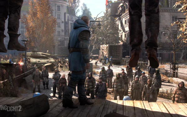 4K Ultra HD PC desktop wallpaper featuring a tense scene from the video game Dying Light 2: Stay Human, showing a crowd and suspended figures in a dystopian urban setting.