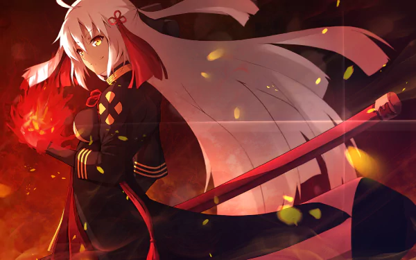 HD PC desktop wallpaper featuring Okita Alter from the anime Fate/Grand Order, depicted with fiery red energy and dynamic flowing white hair.