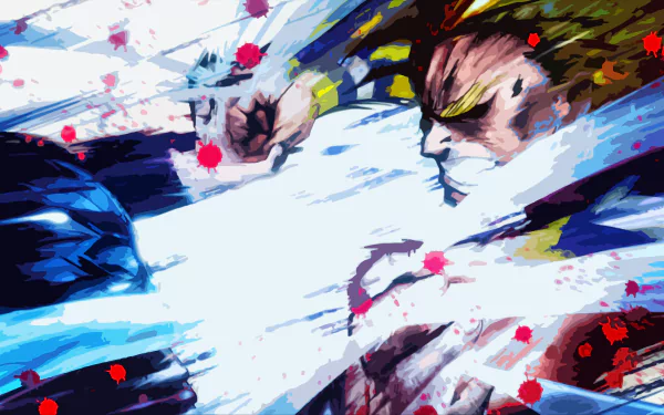 HD wallpaper featuring a dynamic battle between All For One and All Might from the anime My Hero Academia, showcasing intense action and vivid colors.