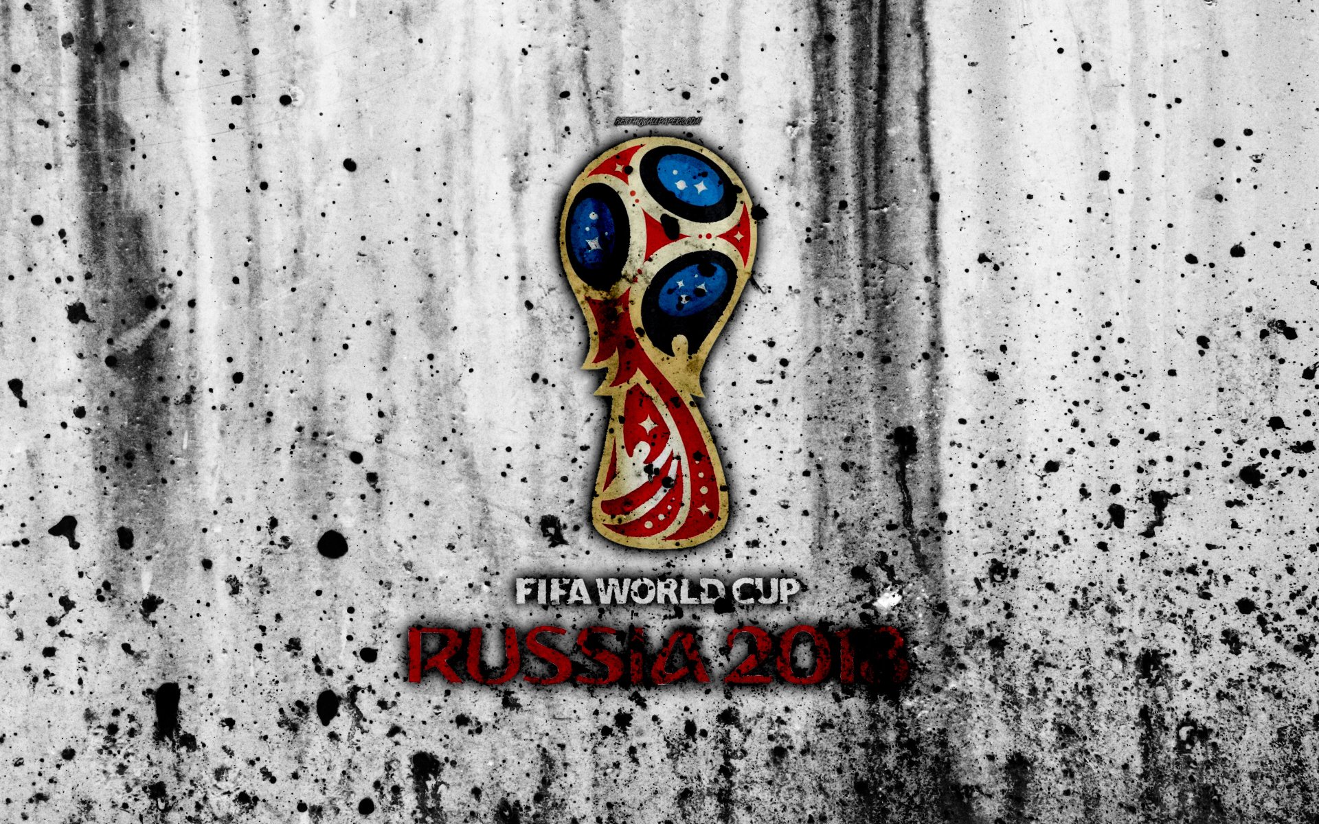 FIFA World Cup 2018 Russia trophy emblem in red and blue on a grunge black-and-white background — soccer, sports 4K Ultra HD PC desktop wallpaper/background.