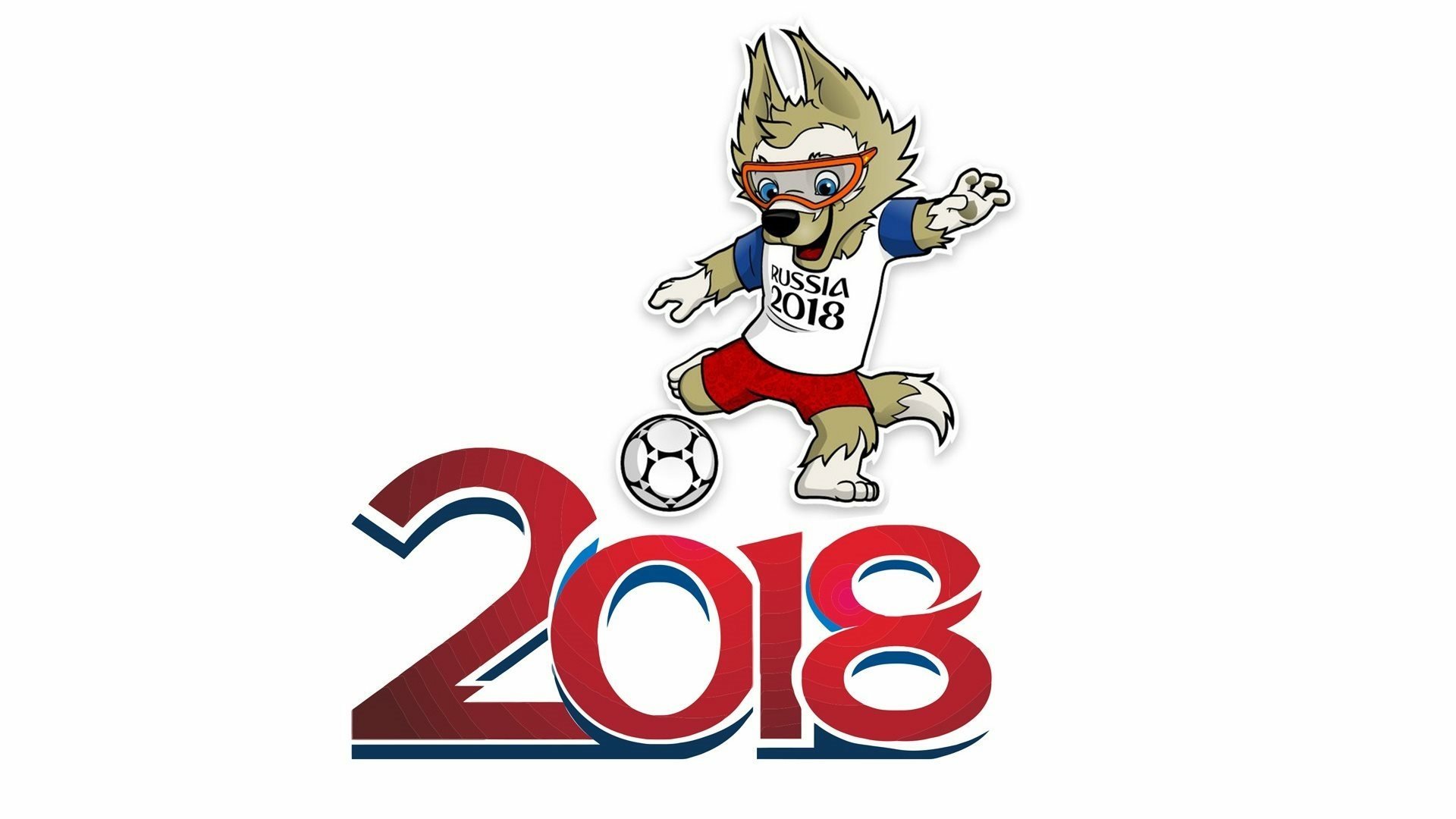 HD desktop wallpaper featuring the 2018 FIFA World Cup Russia mascot, a wolf kicking a soccer ball above the bold 2018 logo in red and blue.