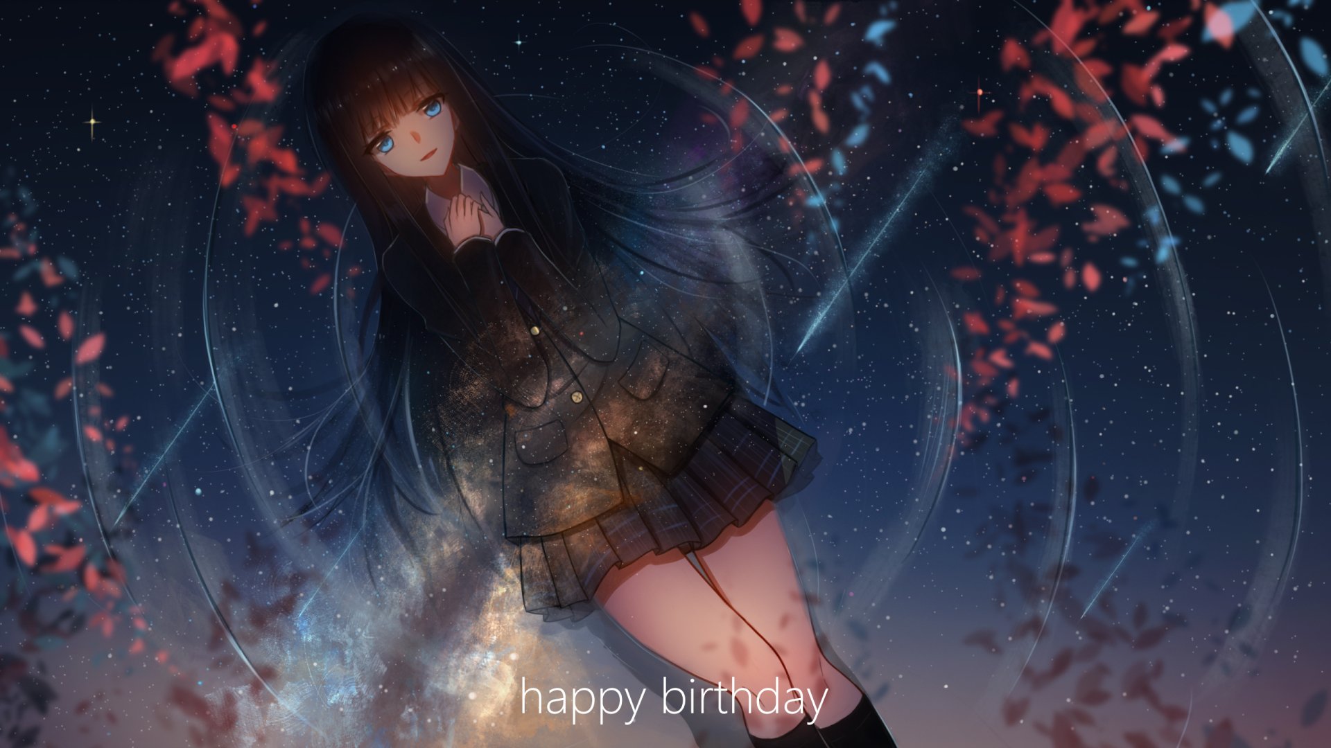 HD anime original artwork of a girl with long dark hair standing amidst glowing particles and red leaves, set against a starry night sky, designed as a PC desktop wallpaper.