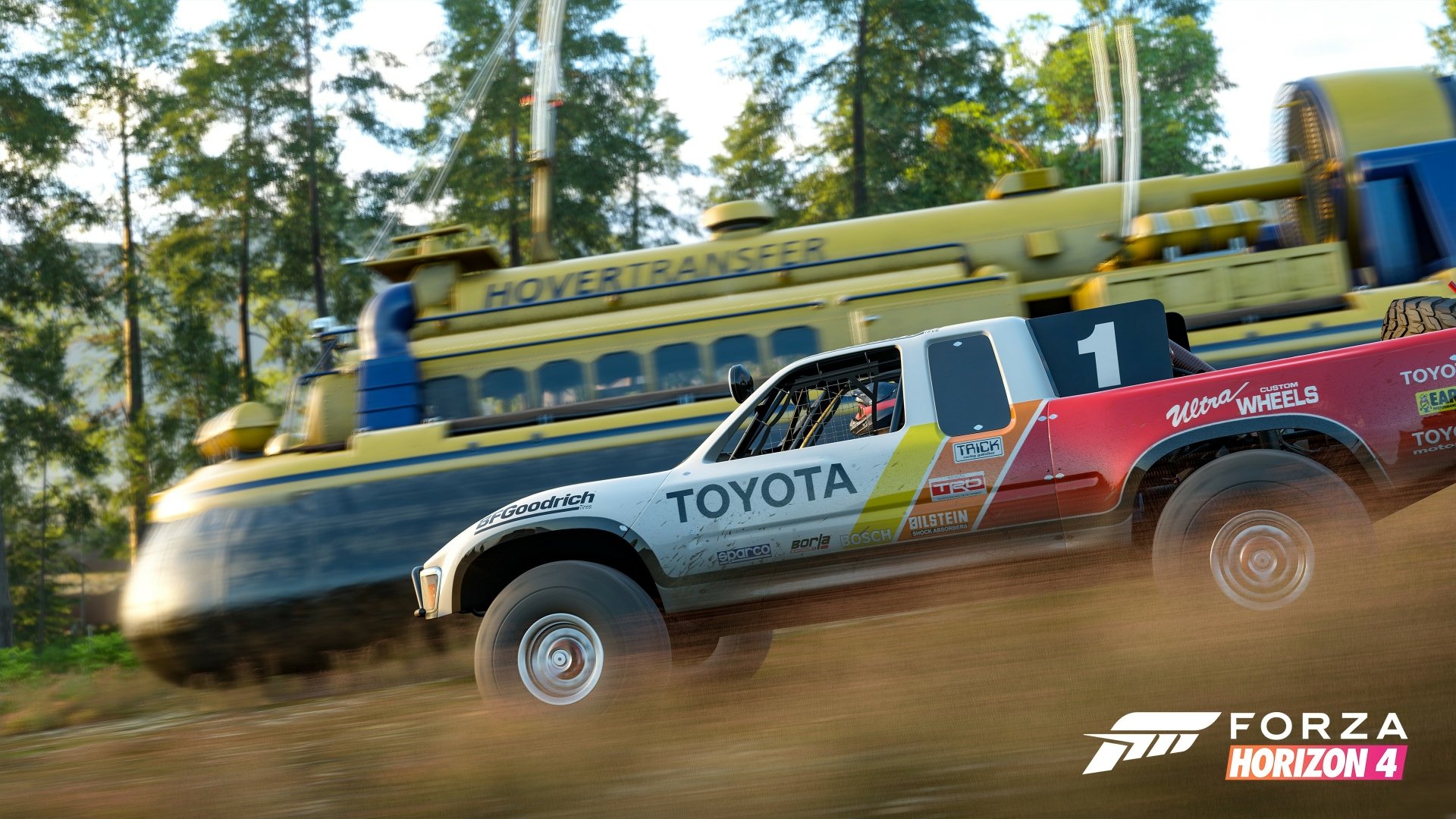 4K Ultra HD Forza Horizon 4 PC wallpaper featuring a detailed Toyota off-road racing truck speeding past a hovercraft in a forest setting.