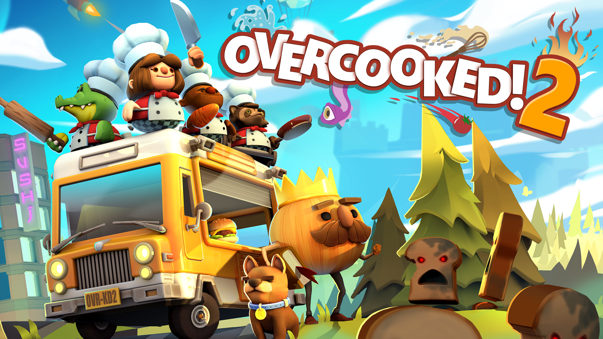 HD desktop wallpaper of 'Overcooked 2' featuring animated chefs and a food truck in a whimsical kitchen chaos scene.