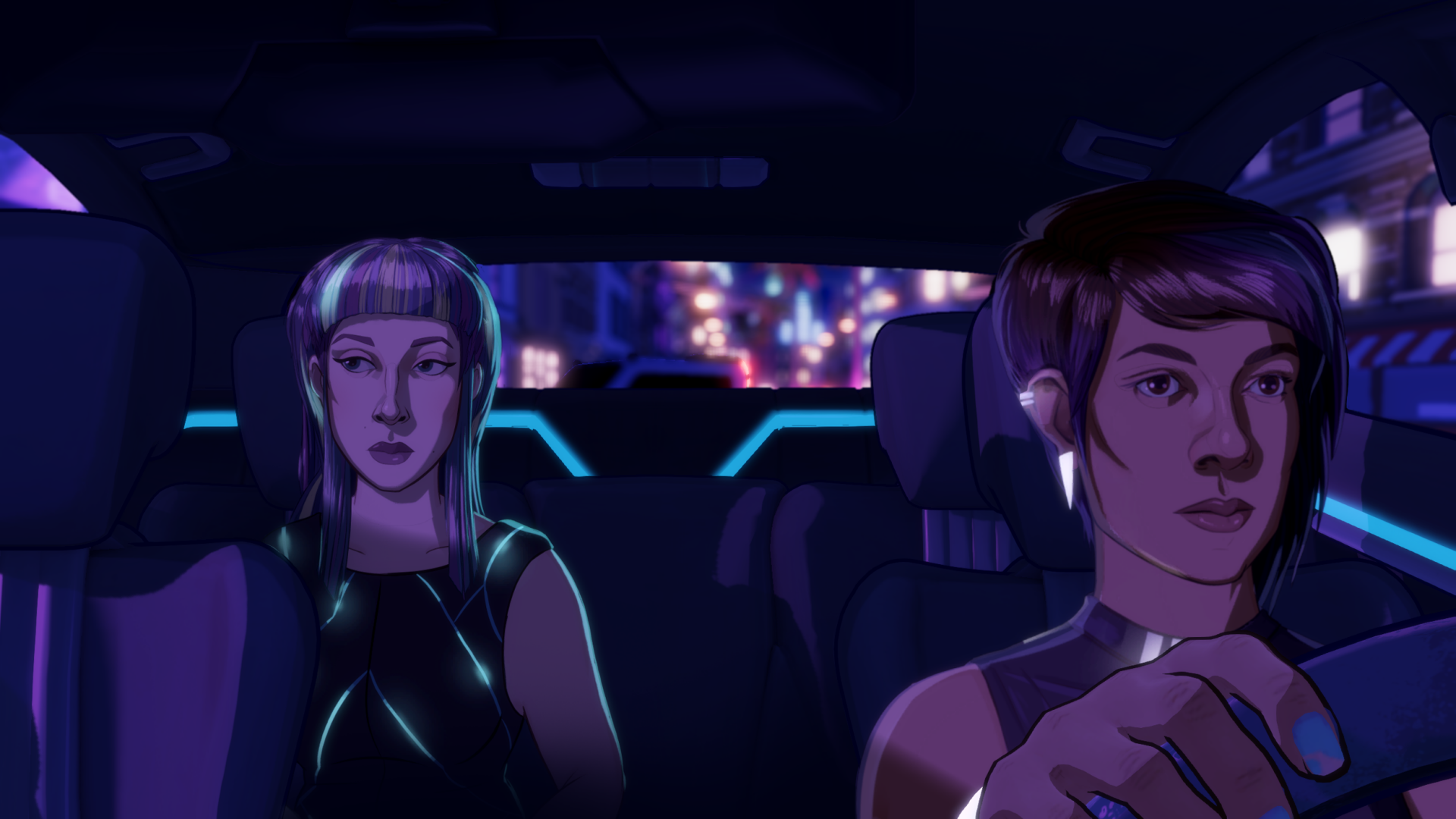 HD Neo Cab desktop wallpaper featuring two animated characters in a neon-lit car interior.