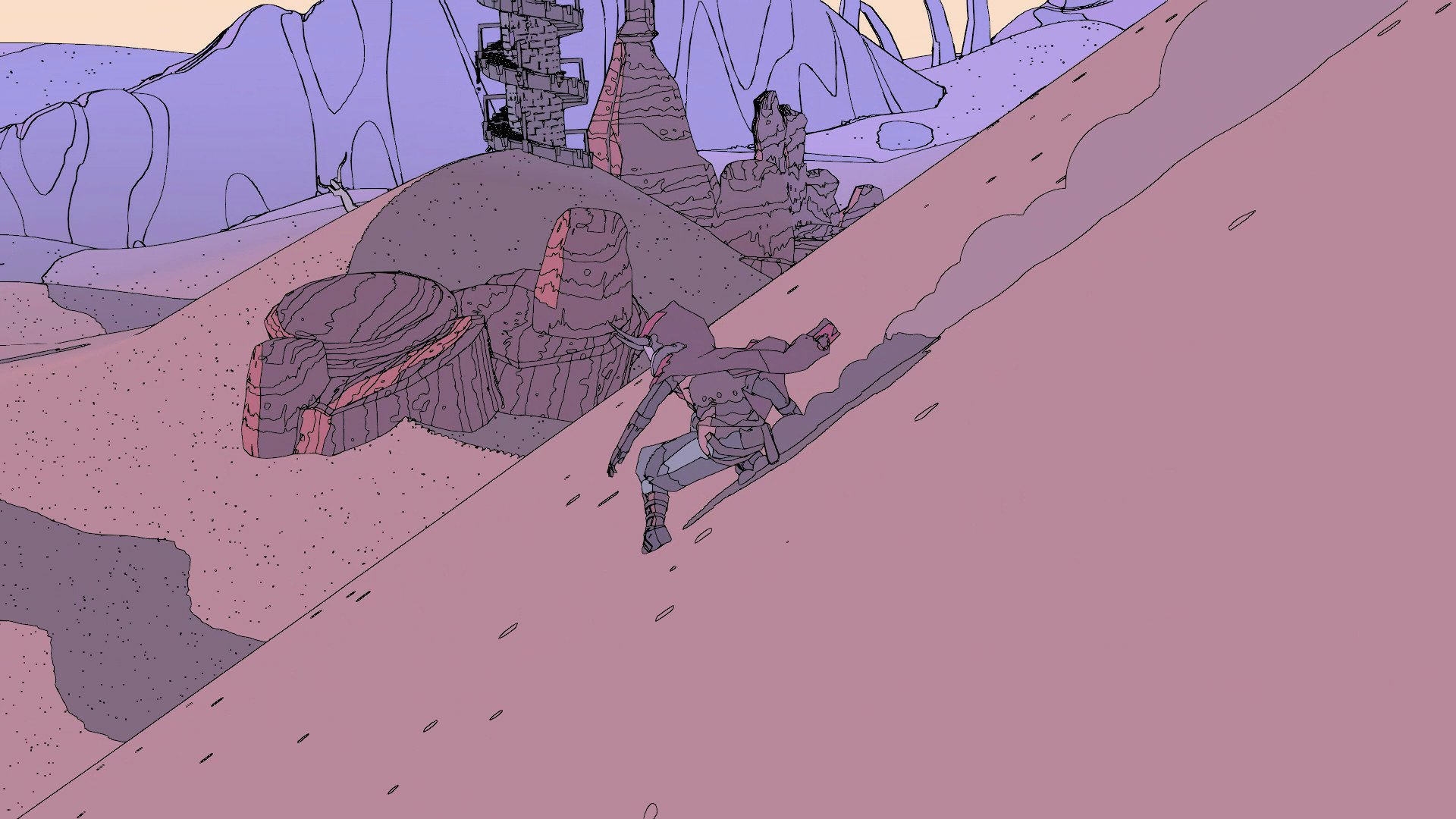 HD desktop wallpaper of Sable game with a character exploring a desolate, pastel-toned alien landscape.