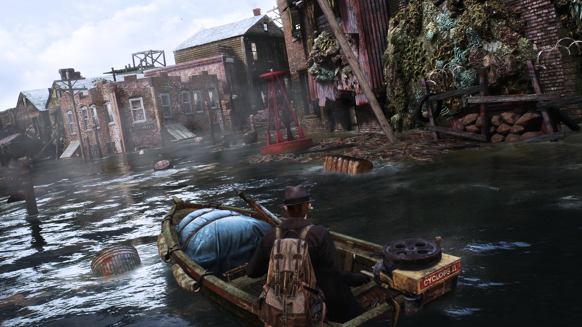 HD wallpaper of The Sinking City, featuring a character in a boat amidst flooded urban decay.