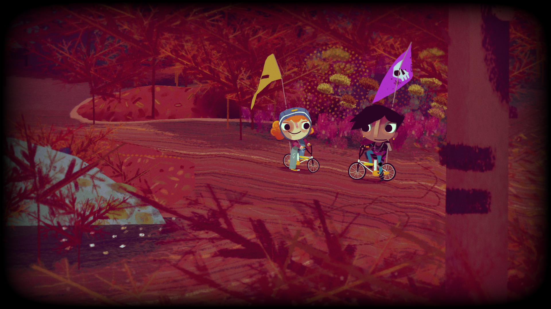 HD desktop wallpaper from the game Knights and Bikes showing two animated characters with bikes in a colorful forest setting.
