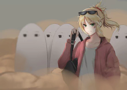 HD PC desktop wallpaper featuring Mordred, Saber of Red from Fate/Apocrypha in an anime style with ghost-like figures in the background, related to Fate/Grand Order.