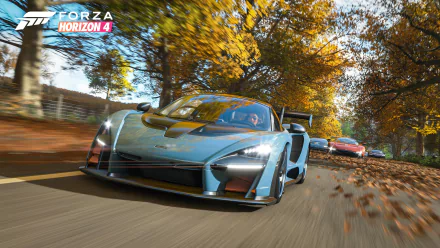 4K Ultra HD Forza Horizon 4 PC wallpaper featuring high-speed sports cars racing through a vibrant autumn forest road in a dynamic video game scene.