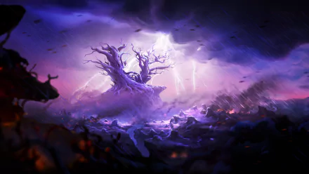 HD desktop wallpaper from Ori and the Will of the Wisps featuring a mystical tree under a stormy purple sky with lightning.