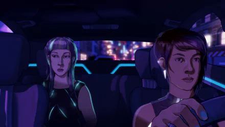 HD Neo Cab desktop wallpaper featuring two animated characters in a neon-lit car interior.