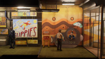 HD desktop wallpaper featuring a scene from Harold Halibut with characters interacting in a vintage-style submarine interior.