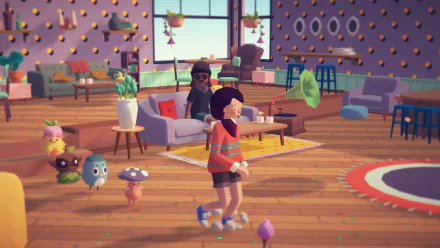 HD desktop wallpaper featuring characters and creatures from Ooblets inside a cozy, colorful game room.