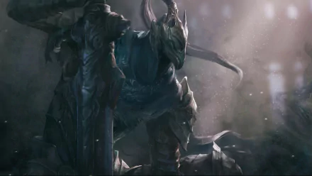 Artorias from Dark Souls depicted as a fantasy knight in detailed armor, featured in an HD video game desktop wallpaper with a moody, atmospheric background.