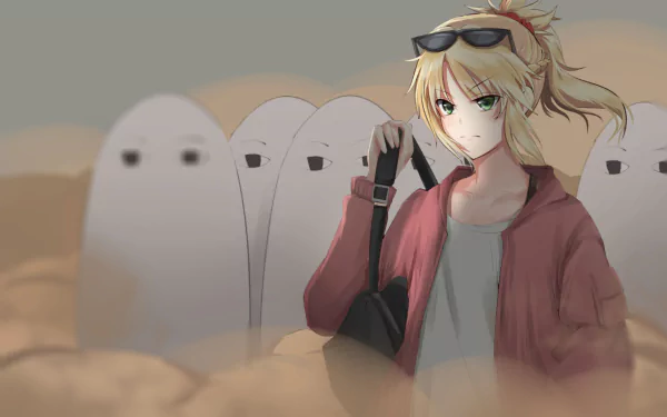 HD PC desktop wallpaper featuring Mordred, Saber of Red from Fate/Apocrypha in an anime style with ghost-like figures in the background, related to Fate/Grand Order.