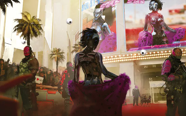 Cyberpunk 2077 scene featuring a futuristic city street with diverse characters, rendered in stunning 8K Ultra HD for PC desktop wallpaper.