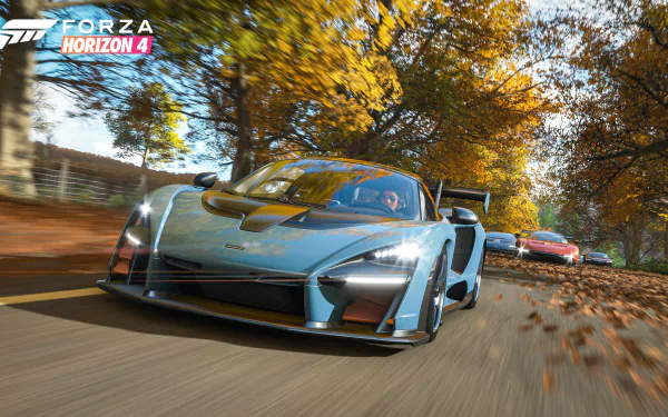 4K Ultra HD Forza Horizon 4 PC wallpaper featuring high-speed sports cars racing through a vibrant autumn forest road in a dynamic video game scene.