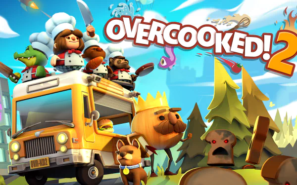 HD desktop wallpaper of 'Overcooked 2' featuring animated chefs and a food truck in a whimsical kitchen chaos scene.