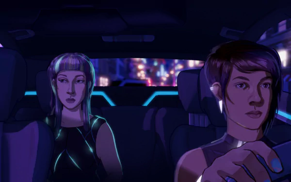 HD Neo Cab desktop wallpaper featuring two animated characters in a neon-lit car interior.