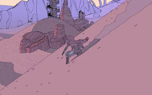 HD desktop wallpaper of Sable game with a character exploring a desolate, pastel-toned alien landscape.