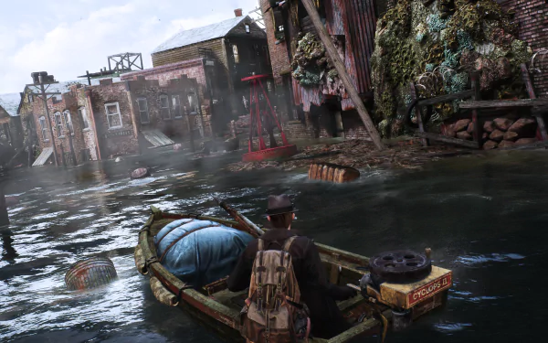 HD wallpaper of The Sinking City, featuring a character in a boat amidst flooded urban decay.