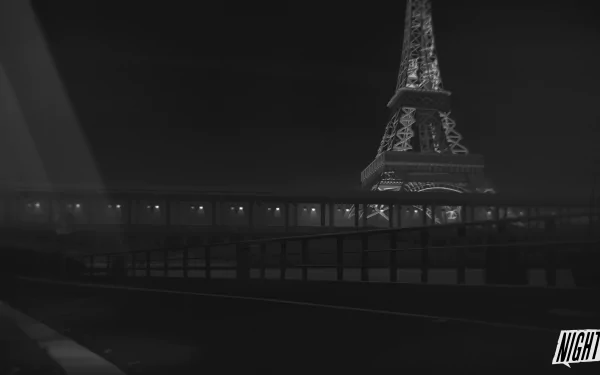 HD wallpaper featuring the Eiffel Tower at night with a bridge in the foreground and the word NIGHT displayed.