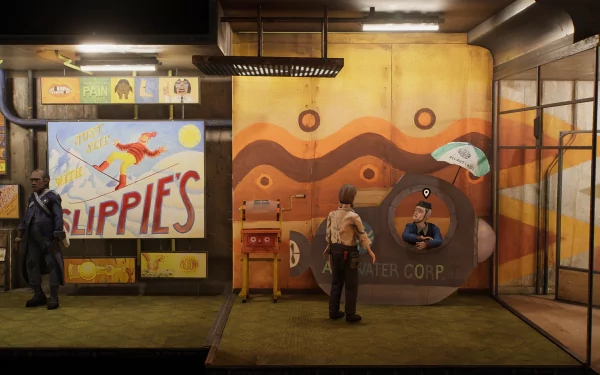 HD desktop wallpaper featuring a scene from Harold Halibut with characters interacting in a vintage-style submarine interior.