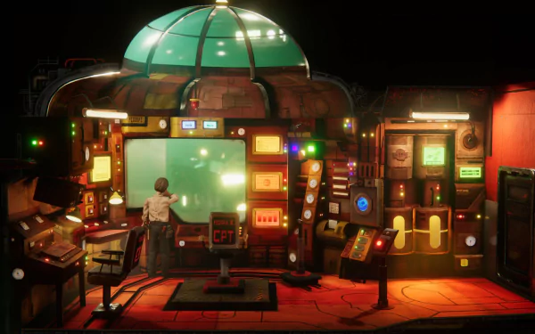 HD desktop wallpaper featuring a scene from Harold Halibut with a character amidst intricate controls under a dome-shaped window.