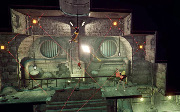 HD desktop wallpaper of 'My Friend Pedro' featuring an action scene with a character performing a mid-air stunt in a dimly-lit industrial setting.