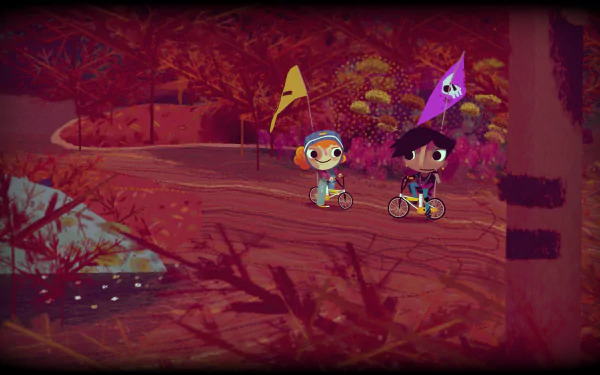 HD desktop wallpaper from the game Knights and Bikes showing two animated characters with bikes in a colorful forest setting.