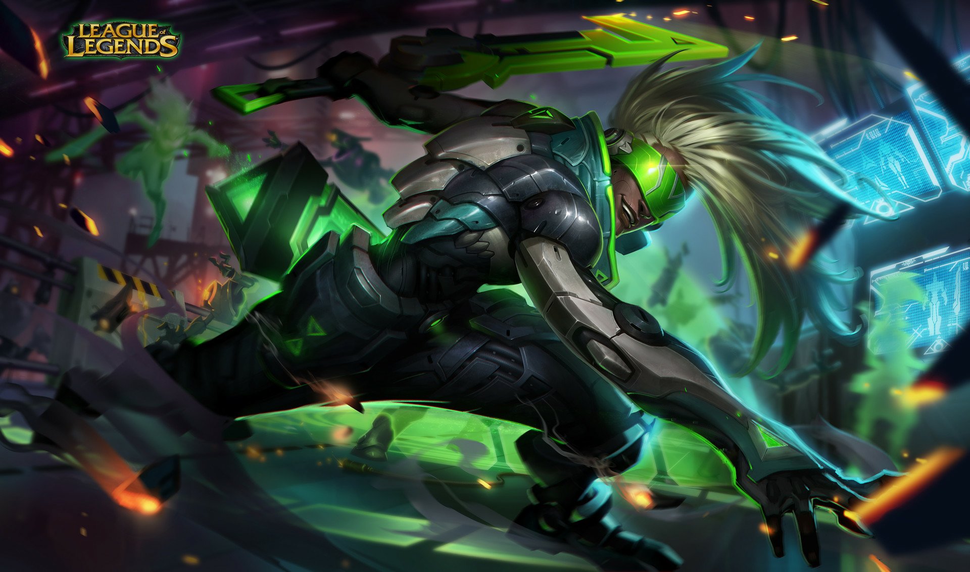 HD PC desktop wallpaper of Ekko (League of Legends): neon-green cybernetic hero leaping through shattered glass in a neon cityscape — League of Legends video game art.