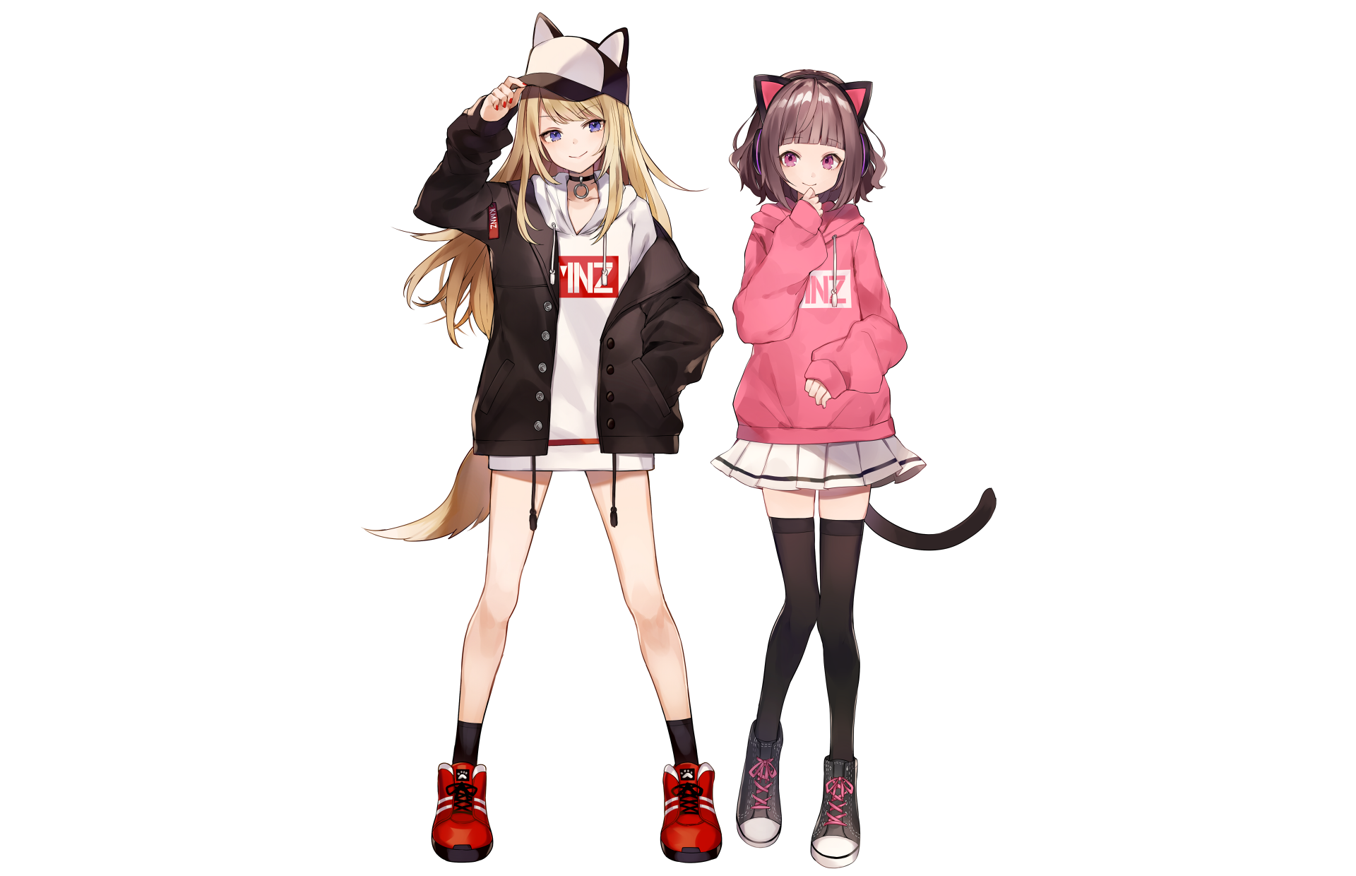 Anime Virtual Youtuber duo with cat ears and tails: blonde in black jacket and red shoes, brunette in pink hoodie and skirt, HD PC desktop wallpaper background.