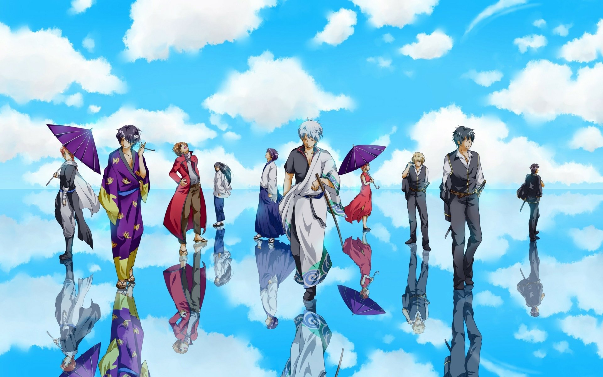 HD PC desktop wallpaper featuring Kondo Isao, Toushirou Hijikata, Shimura Shinpachi, Kotaro Katsura, Sakamoto Tatsuma, Kamui, Okita Sougo, Kagura, Shinsuke Takasugi, and Gintoki Sakata from Gintama.