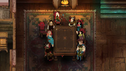 HD desktop wallpaper featuring the family from the game Children of Morta gathered around a table.