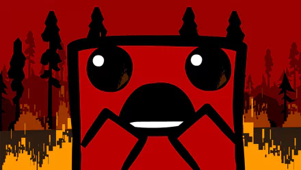 HD desktop wallpaper featuring the character from Super Meat Boy Forever with a red and orange background.