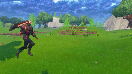 HD PC desktop wallpaper/background: Fortnite Battle Royale (video game) — armored Fortnite character runs across a vibrant grassy field toward tree-covered hills under a dramatic, stormy sky.