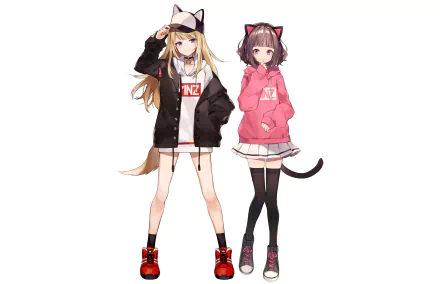 Anime Virtual Youtuber duo with cat ears and tails: blonde in black jacket and red shoes, brunette in pink hoodie and skirt, HD PC desktop wallpaper background.