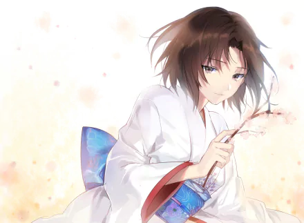 HD anime desktop wallpaper featuring Shiki Ryougi from Fate/Grand Order, depicted in a white kimono with a serene expression and soft cherry blossom background.