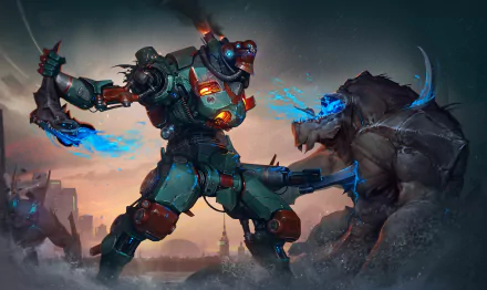 4K Ultra HD PC desktop wallpaper background: Sci Fi robot with glowing armor and sword in a fierce fight against a massive creature amid a smoky cityscape.