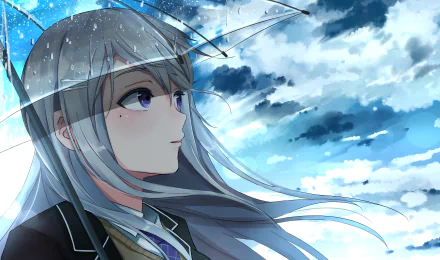 Kaede Higuchi — anime Virtual YouTuber 2K Quad HD wallpaper: silver-haired VTuber in school uniform holding a clear umbrella, gazing at a windy, cloud-filled blue sky.