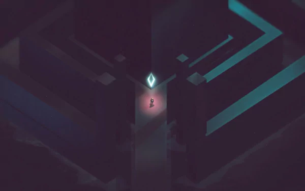 HD desktop wallpaper featuring an abstract geometric design with neon outlines and a central glowing symbol.