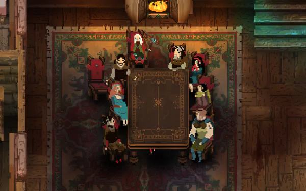 HD desktop wallpaper featuring the family from the game Children of Morta gathered around a table.