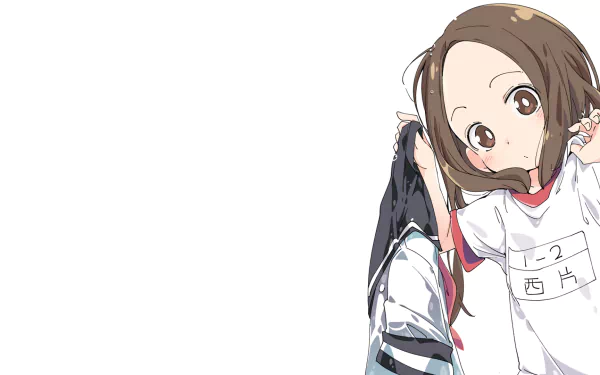 HD desktop wallpaper featuring Takagi from the anime Karakai Jouzu no Takagi-san. Takagi has her hair down and holds a shirt, standing against a white background.