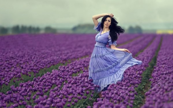 Women Model Blue Dress Depth Of Field Black Hair Field Summer Tulip Flower Purple Flower HD Wallpaper | Background Image