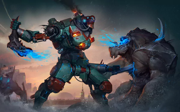 4K Ultra HD PC desktop wallpaper background: Sci Fi robot with glowing armor and sword in a fierce fight against a massive creature amid a smoky cityscape.